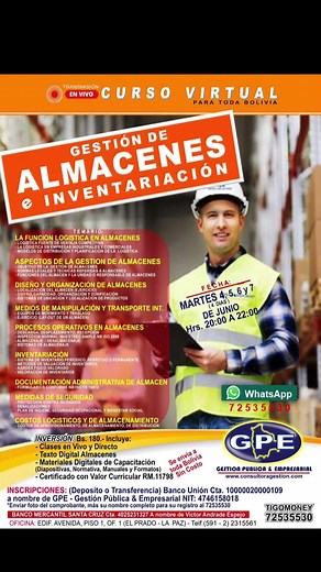 Curso Virtual en Vivo: GESTIÓN DE ALMACENES e INVENTARIACIÓN ---------------------- Fecha: Martes 4, 5, 6 y 7 de junio – Hrs. 20:00 a 22:00 (4 dias) ---------------------- TEMARIO: ASPECTOS DE LA GESTION DE ALMACENES - Objetivo de la Gestión de Almacenes - Normas Legales y Técnicas Referidas a Almacenes - Funciones del Almacén y la Unidad o Responsable de Almacenes .. LA FUNCIÓN LOGISTICA EN ALMACENES - Logística Fuente de Ventaja Competitiva - La Logística en Empresas Industriales y Comerciales