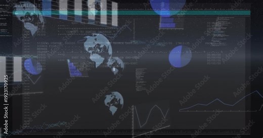 Teal header appearing, dashboard revealing code while globes growing, charts filling to show data