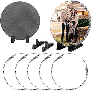 5Pcs Round Sublimation Slate Blanks 5.9X5.9 Inch Picture Frame Heat Transfer Rock Photo Plaque with DIY Custom Stone Slate Display Stand Christmas Decoration for Desktop Souvenir