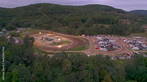 Drone Aerial view of the Motorsport Penn Can Speedway in Susquehanna Pennsylvania. Fly around