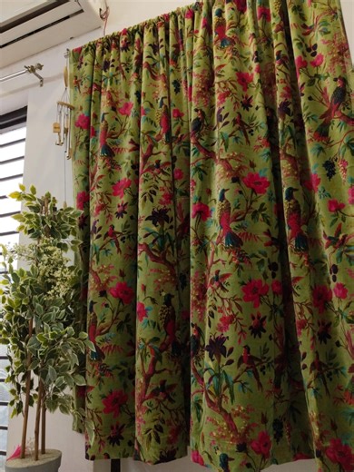 Green Velvet Curtains Bird Floral Print, Botanical Velvet Drapes, Luxury Curtains, Nature Inspired Cotton Velvet Panel, Custom Size - Etsy