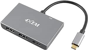 4XEM- 3-Port Multi-Monitor Hub Adapter - USB-C to 2 DisplayPort 1.4 and HDMI 1.4 MST Hub, Triple 8K and 4K Video Monitors, Video Splitter, Mirror, Extension on Windows PCs, USB-C Power Source