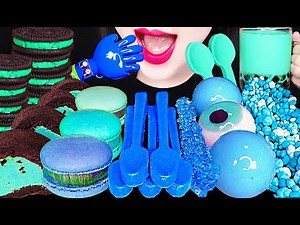 ASMR MUKBANG, Blue Dessert, Boba Bubble Tea, Edible Spoon, Crystal Candy 블루 락캔디, 버블티, 숟가락 먹방