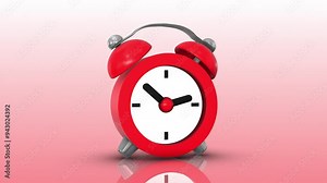 3D Camera Zooming to a 3D Clock on a Reflective Floor. Alarm Clock Icon 3D. 4K