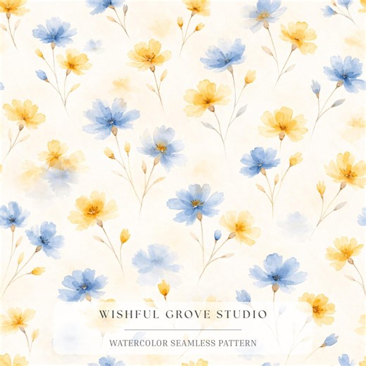Blue Yellow Floral Seamless Pattern, Watercolour Wildflower Digital Paper, Spring Fabric Design - Etsy
