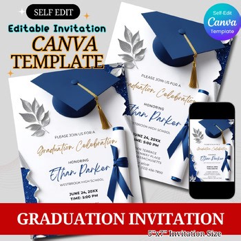 Navy Blue Graduation Invitation, Editable Modern Elegant Graduation Announcement