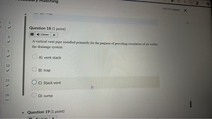 Question 18 (1 point)A vertical vent pipe installed primarily ... | Filo