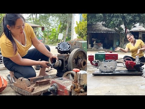 The girl repaired and restored a diesel engine that had been rusted for many years.