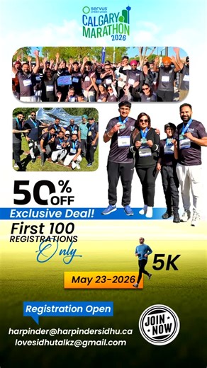 Punjab Insurance Calgary on Instagram: "🏃‍♂️💨 Calgary Marathon 2026 is Here! Punjab Insurance Calgary & Love Sidhu Talkz are back at the marathon! 🎉 Last year was amazing, and this year we’re taking it up a notch. ✨ Special Offer: First 100 registrations get 50% of their fees covered by Punjab Insurance Calgary! Whether you want to fast run, jog, or just walk, it’s all about your pace. This year, we’ve also hired a professional running trainer to guide you for the best performance. Our goal? 