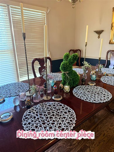 Family coming in and have my Easter center piece together for dining room. Just moved to new house in December and slowly getting house totally together. Plan to gradually add more seasonal stuff each year but this is what I have so far. The Easter eggs on the table was given to me by my great grandmother. She collected them from different places to be mine when I was older. They are from all over. #easter #centerpiece #projects #fyp #house