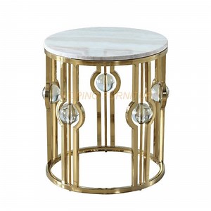 [Hot Item] Golden Frame White Round Slate Top Home Center Bedside Side Table in Stainless Steel