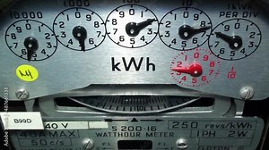 Close-up of a domestic electric meter showing the clock number dials and measuring disc rotating. Concept for energy, higher bills, price rise, meter reading, cost of living and tariffs.