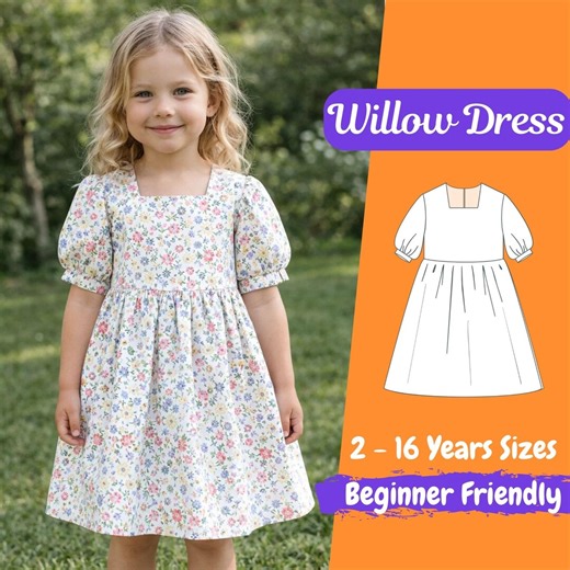 Girls Puff Sleeve Dress Pattern, Square Neck Dress Sewing Pattern, Easy Summer Dress Pattern for Kids, Beginner Friendly Pattern - Etsy