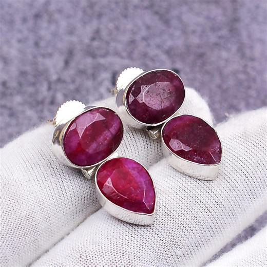 Kashmiri Red Ruby Gemstone Sterling Silver Dangle Earrings: Handmade Bohemian Women Jewellery - Etsy