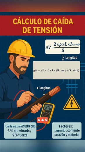 ⚡ Cálculo de caída de tensión en conductores eléctricos Este contenido explica cómo determinar la pérdida de voltaje a lo largo de un conductor y los parámetros que influyen en el desempeño de una instalación eléctrica, considerando criterios de la normativa CNE. 📐 Expresiones mostradas: 🔹 Sistema monofásico ΔV = (2 × ρ × L × I × cosφ) / S 🔹 Sistema trifásico ΔV = √3 × L × I × (R cosφ X senφ) 📊 Variables que intervienen: 🔸 Longitud del conductor (L) 🔸 Corriente de carga (I) 🔸 Sección del 