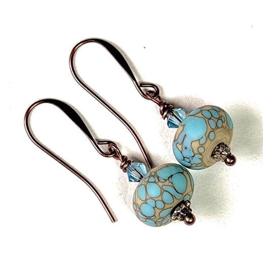 Handcrafted Lampwork Glass Earrings, Robin’s Egg Blue, Ivory, Amber Glass Leaf, Copper. 143 - Etsy