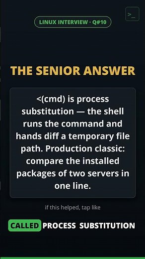 diff two commands, no files needed | Linux Interview Q#10