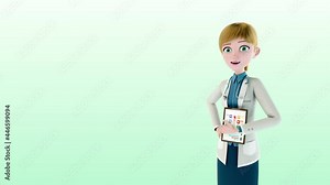 Friendly female general practitioner standing confidently with patient health sheet note pad and stethoscope - cartoon woman MD or nurse medical healthcare hospital presentation (loop, alpha channel)