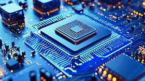 Central Processor Units. 3D Animation of Motherboard Digital Chips and Integrated Communication Processors on a Blue Tech Background