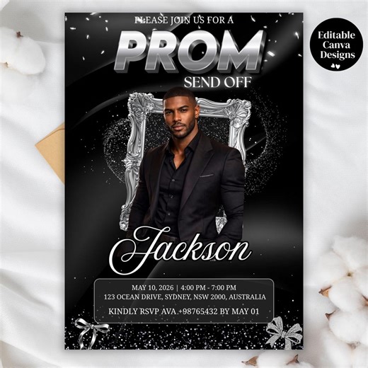 Printable Prom Send off Invitation, Editable Glam Prom Invite Canva Template, Graduation Black-silver Prom, Evite for Him, PDF Download - Etsy
