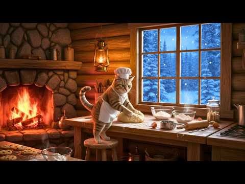 Baking by the Fireside 😸Soft Piano, Fireplace Glow & Snowfall Sounds for Peaceful Sleep & Relaxation
