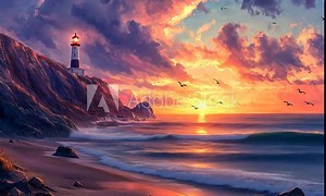 A vibrant sunset over a coastal lighthouse, reflecting on the waves and illuminating the sky. Stock Video