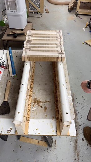 I’m glad I used my longer glue up station for this board! It’s going to be thick, so all those little piece spread out nice and long on this 36” glue up station. I’m starting to see why some folks use 8ft glue up stations! | Woodcraftbyriverfolk