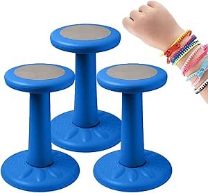 Active Chairs Fidget Bundle - 3 Blue 17.75-Inch Wobble Stools and 24 Zip-Zip Hooray Zipper Bracelets