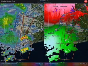 935pm- Tornado warned storm moving north at 45 mph out of Mobile Bay will move near Point Clear and Fairhope communities. TAKE SHELTER IF IN THE PATH OF THE STORM! | Tornado Alley Weather Center