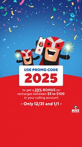 Two day Promo! Get MORE TIME to celebrate and connect with your loved ones as we welcome in 2025! ❤️📞 🎉 Use PROMO CODE “2025” to enjoy a 20% BONUS on calling recharges from $5 to $100 on 12/31 and 1/1. Available in the app, online, or at BOSS Revolution stores. 🥂 *Terms apply. | BOSS Revolution