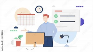 team leader presenting about management and target. business animated illustration video