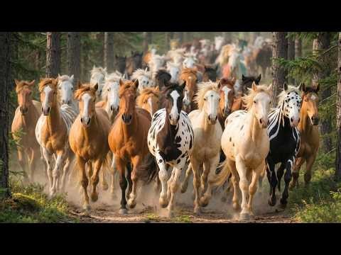 A herd of colorful horses gallops through the pine forest - Horse videos #asrm #HorseRidinginnature