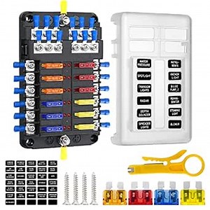 12 Way Fuse Block Blade Fuse Box with Negative Bus, 12 Circuit Fuse Holder Fuse Block with LED Indicator, Waterproof Protection Cover Sticker Labels for 12V/24V Automotive Car Truck Boat Marine RV