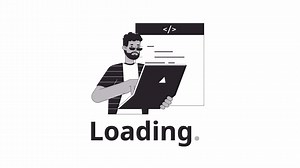 It developer coding on laptop bw loading animation. Software engineering remote employee outline 2D cartoon character 4K video loading motion graphic. Coder animated gif isolated on white background