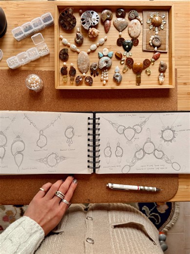 A small glimpse into the sketching phase of the next collection. 📓✒️ These are early ideas on paper, where I can be as creative as I want (making them tangible is the real challenge haha). 💫 Can you already envision something special like I do? 🌱 #creativeprocess #jewelrydesigner #workinprogress #artistprocess #slowmade