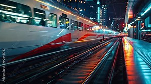 A train is moving on the tracks at night. The train is red and white