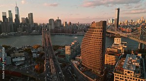 Skyline of NYC. New York City skyline from Brooklyn Bridge. Brooklyn buildings of New York. New Skyline of NYC with Brooklyn Bridge. Brooklyn Side of NY.