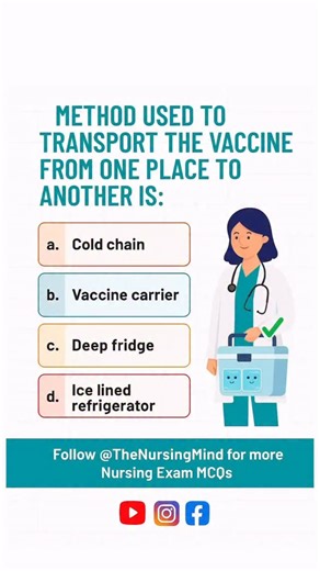 Vaccines must be transported with precision to maintain potency. The cold chain ensures safe delivery from lab to patient. 🧠 Nursing exam tip: Know your logistics! 👉 Follow @TheNursingMind for more high-yield MCQs and clinical pearls. — #NursingExam #NursingMCQs #ColdChain #VaccineTransport #NursingStudents #MedicalEducation #TheNursingMind #NursingTips #PharmaLogistics #CommunityHealth #NursingIndia #ExamPrep #NursingLife #PublicHealth #ColdStorage #norcet #nclex | The Nursing Mind