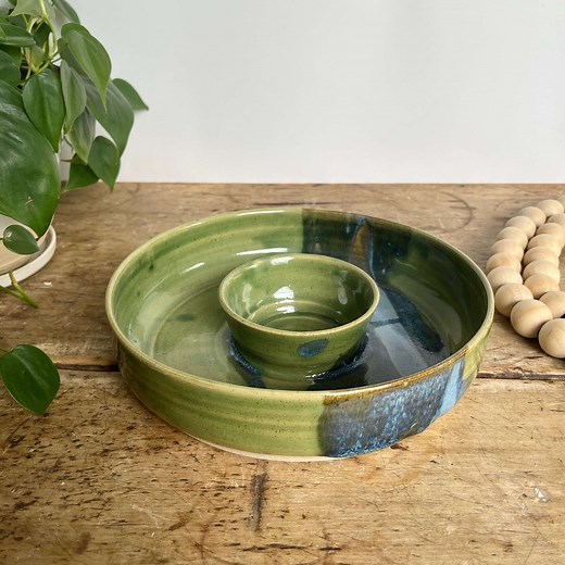 Handmade Pottery Chip and Dip Bowl Green Ceramic Chip and Dip Bowl Pottery Dip Serving Platter Green Handmade Ceramic Green Pottery Handmade - Etsy