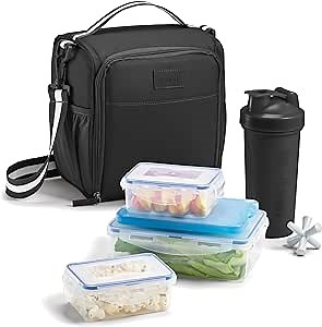 Fit & Fresh BREE Meal Prep Lunch Box With Containers, Ice Pack, and Shaker Bottle For Men and Women, 6pc. Meal Prep Kit Lunch Bag With Containers Included, Black