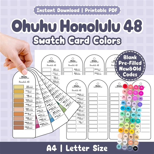 Ohuhu Honolulu 48 Swatch Card | Printable PDF Marker Color Chart | Alcohol Marker Organization for Artists | Pre Filled and Blank Template - Etsy