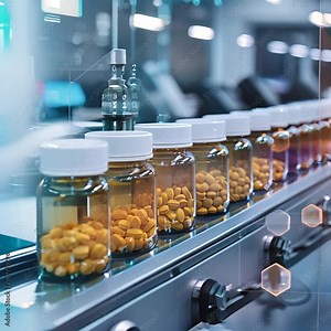 Rows of yellow pills in transparent bottles on a conveyor belt with digital data overlay signify pharmaceutical manufacturing