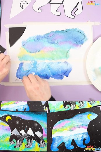 Silhouette Bear Art: Soft blended sky, snowy ground, and a simple bear shape — easy steps and such a lovely winter result ❄️ #artycraftykids #kidsartclass #artlessons #artideas | Arty Crafty Kids