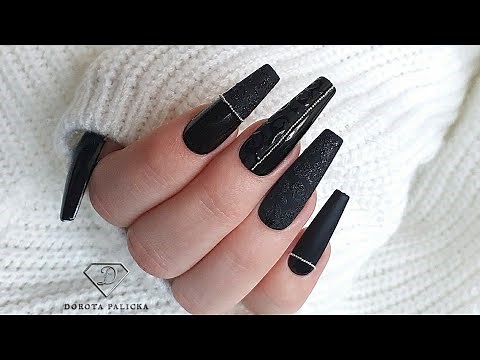 Black shiny and matte nail design with black sugar nail art.