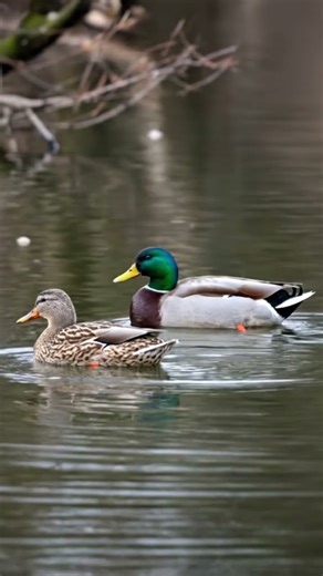 A pair of loving mandarin ducks are playing in the water.