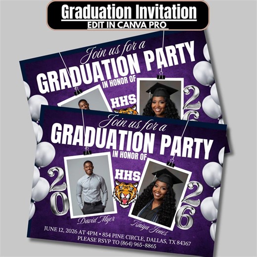 Double Graduation Invitation Template Purple Canva Template Grad Party Invite, Grad Announcement, Twin Phot Custom - Etsy