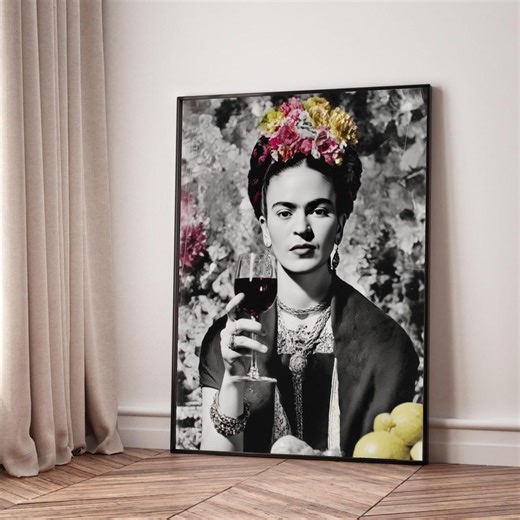 Frida Kahlo Portrait Canvas Wall Art, Vintage Style Mexican Icon, Floral Crown Artwork, Black and White Home Decor, Wine Glass Artistic - Etsy