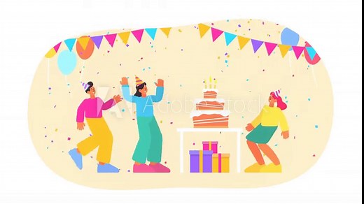 2d animation of group of people celebrate, dance party, birthday or anniversary celebration