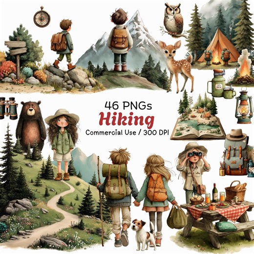 Watercolor Hiking Clipart: Whimsical Outdoor Graphics (46 Pngs Digital Download) - Etsy