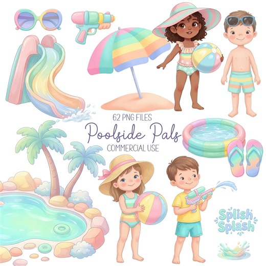 Pool Party Clipart Bundle, Kids Summer Birthday PNG Graphics Commercial Use - Etsy